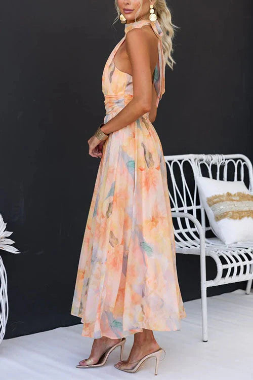 Sari™ | Elegant Backless Watercolour Maxi Dress